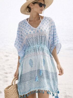 Boho Cotton Tassel Swim Cover Up Blue Ombré Kaftan Resort Beach Tunic OS